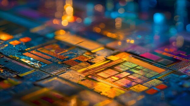 Macro view of semiconductor cpu showing intricate details and colorful components photo