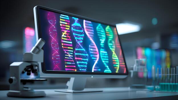 Computer showing dna strands in modern laboratory setting photo