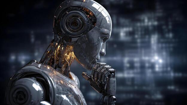Futuristic robot thinking in front of digital background photo