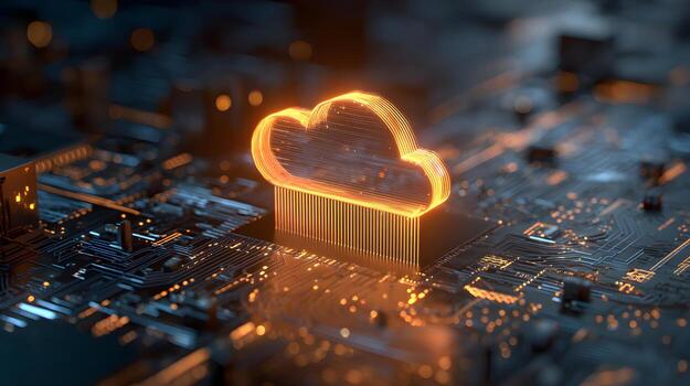 Glowing cloud computing symbol emerging from circuit board photo