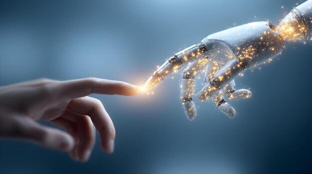 Human hand touching robotic hand creating spark of connection photo