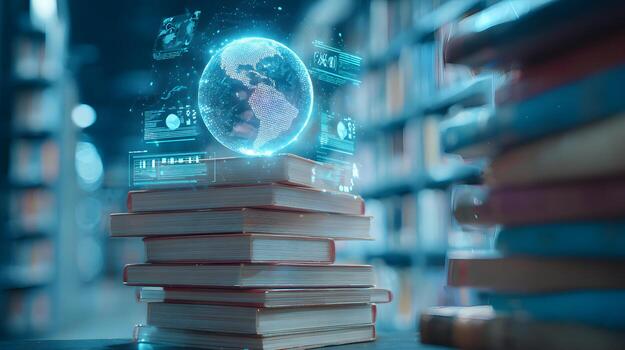 Stack of books with hologram of planet earth and data in library setting photo