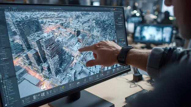 Software developer designing winter city using cad software on desktop computer in office photo