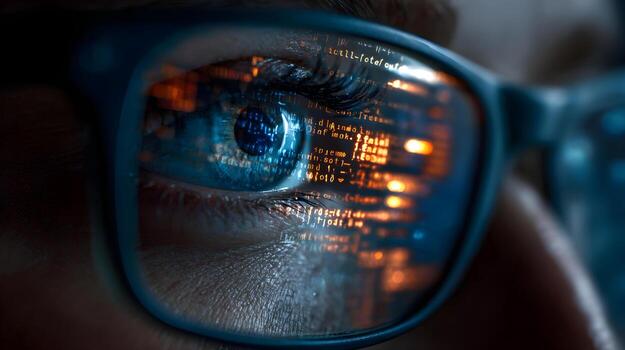 Programmer reading code reflected in glasses, futuristic technology concept photo