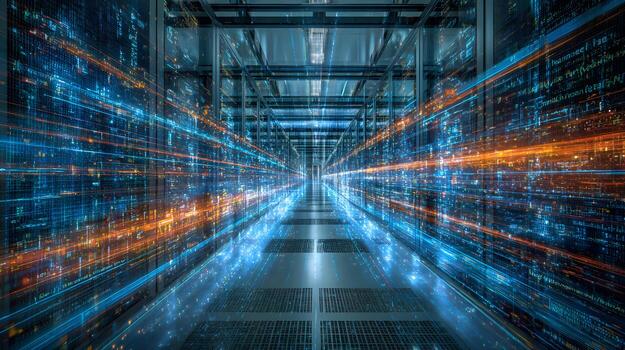 Data center corridor showing futuristic data flow and processing power photo