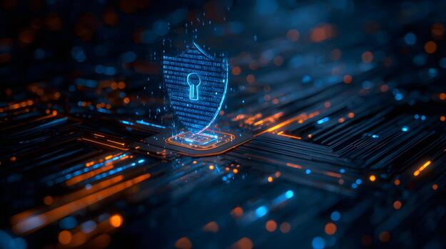 Digital shield protecting microchip on circuit board with binary code photo