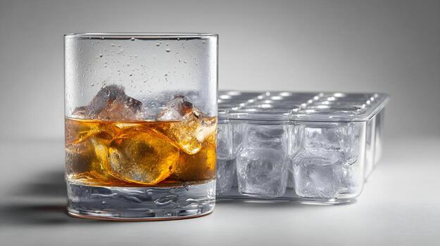 vaso de whisky con hielo cubitos y hielo cubo bandeja en degradado antecedentes foto