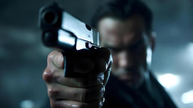 Male figure aiming a handgun towards the camera, showcasing a tense moment in a dramatic setting with blurred background elements enhancing the intensity of the scene photo
