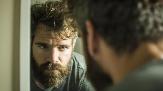 Man with beard gazing into mirror, reflecting on personal thoughts and emotions in intimate setting photo