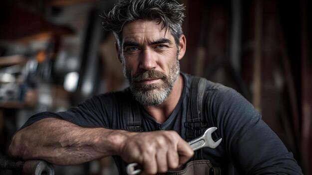 Skilled mechanic with wrench in hand, showcasing expertise in a rustic workshop environment photo