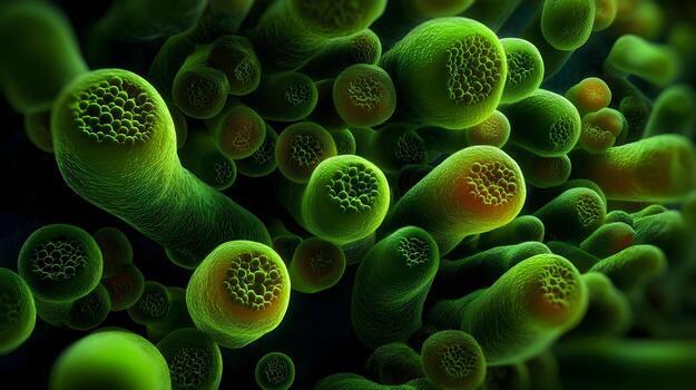 Close-up view of vibrant green microorganisms in a microscopic environment showcasing cellular structures photo
