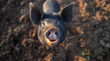 adorable negro cerdito mira arriba con curiosidad en calentar luz de sol foto