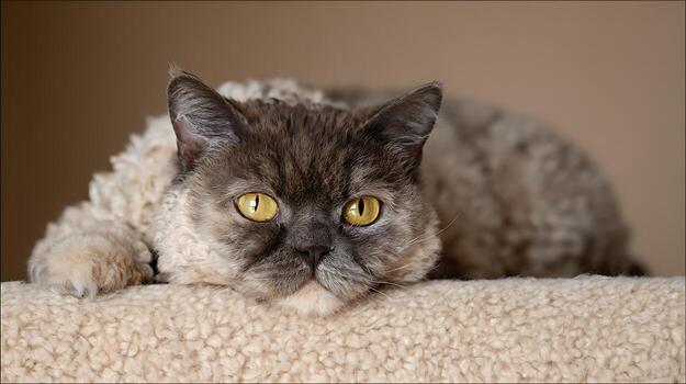A Lazy Cat Resting Its Head With Golden Eyes Wide Open. photo
