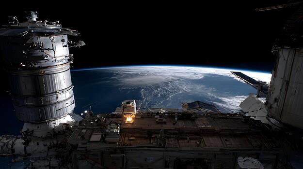 View of Earth from Orbiting Space Station with Detailed Module Structure photo