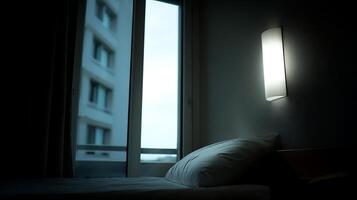 acogedor hotel habitación cama iluminado por pared lámpara con ciudad ver a oscuridad foto