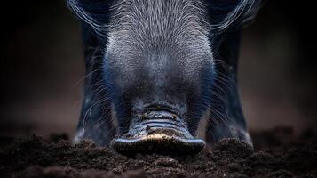 cerca arriba ver de un curioso cerdo excavación en oscuro suelo. foto