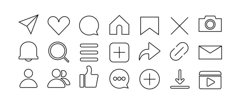 social medios de comunicación contorno íconos colocar, solicitud interfaz símbolo, como, amar, charlar, notificación iconos, aislar social red icono para negocio y márketing vector