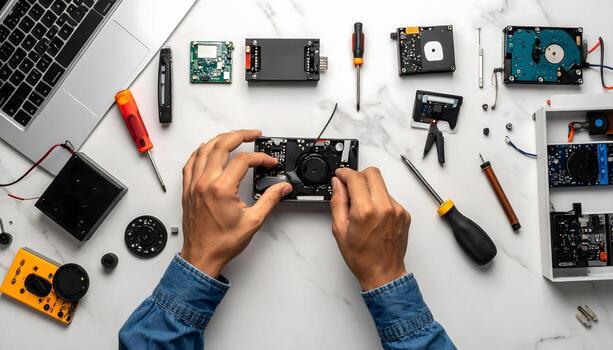 a person is working on a computer with various electronic components photo