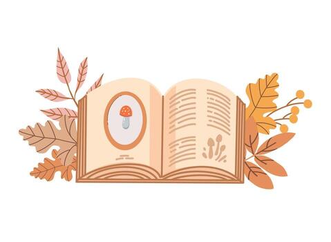 Autumn composition with open book and seasonal leaves in warm cozy style. Hand drawn illustration for autumn card, print, poster, banner. Nostalgic design with soft atmosphere. flat illustration isolated on white background vector