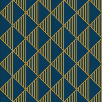 Pattern of interconnected diamond and arrow like shapes in a striking blue and gold color scheme. vector