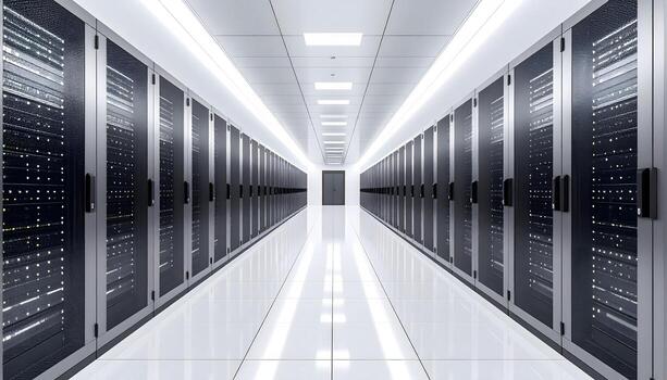 a long hallway with rows of servers in a data center photo