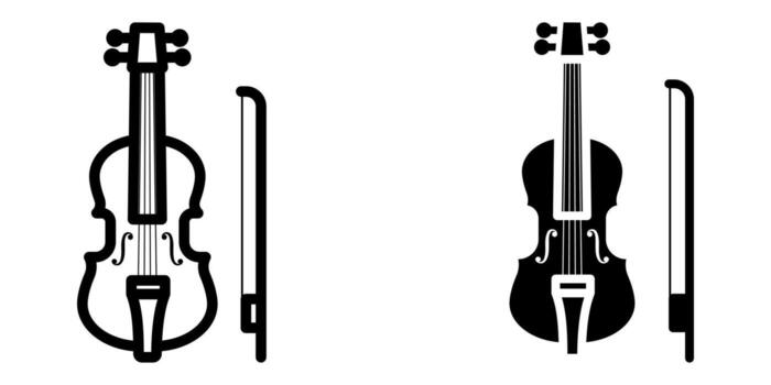 Violin icon set. This is a simple black and white illustration of a violin and bow. Great for use in music related design projects. vector