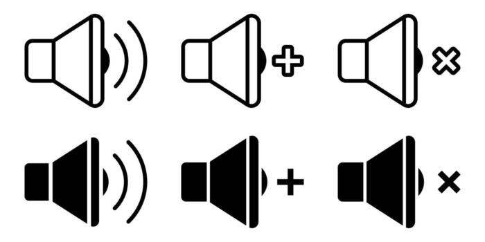 Volume icon Set. A set of simple line icon design for speaker volume, including mute, low volume, and high volume options. Ideal for web and app interfaces. vector