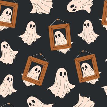 Cute Halloween seamless pattern with playful flying ghosts and picture frames on a dark background. Ideal for spooky season fabrics, decor, prints, and digital projects. Tile in flat style. vector