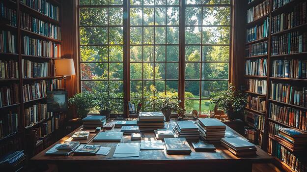 a table with books on it in front of a window photo