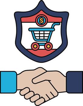 A black and white image of two hands shaking with a shopping cart vector