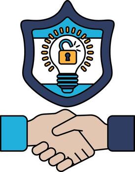 A handshake between two people is shown with a light bulb and a lock on a shield vector