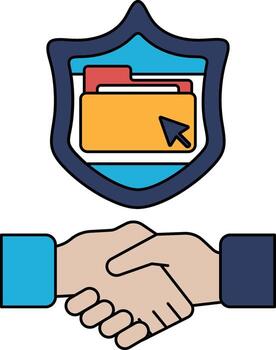 un blanco y negro imagen de dos manos sacudida con un proteger detrás ellos vector