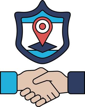 A handshake between two people with a shield behind them vector