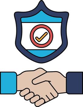 A shield with a check mark on it is shown next to two hands shaking vector