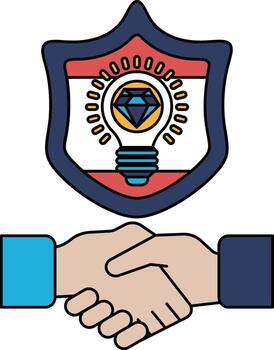 A black and white image of two hands shaking with a diamond vector