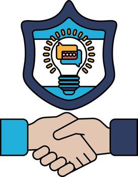 A black and white image of two hands shaking with a light bulb in the background vector