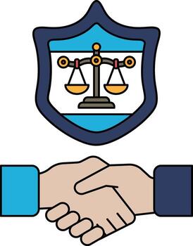 A black and white drawing of two hands shaking hands in front of a shield with s vector