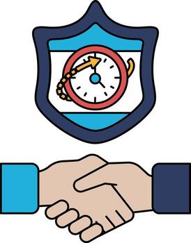 A black and white image of two hands shaking with a clock in the background vector