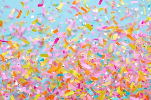 Colorful confetti in various shades swirls through the air, creating a festive atmosphere during a celebration. The backdrop is bright and cheerful, enhancing the joyous mood of the event. photo