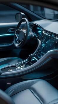 Futuristic interior of a clean technology vehicle showcasing advanced features and design photo