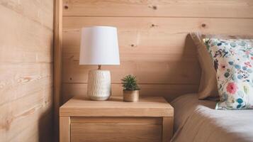 de cerca ver de un moderno mesita de noche con lámpara y decorativo elementos en un acogedor dormitorio ajuste foto