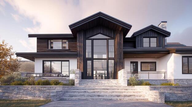 Frontal view of a Scandinavian style home with modern architecture and natural surroundings photo