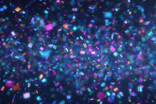 Bright, colorful particles of various shapes float and swirl in a visually captivating display. The dark background enhances the vibrancy of the hues, creating a mesmerizing effect. photo