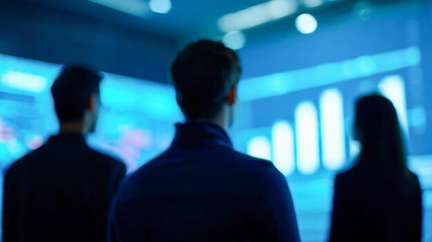 Startup team observes data trends in a modern workspace during a brainstorming session photo