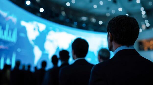 Business professionals observe data visuals in a conference setting with digital displays photo