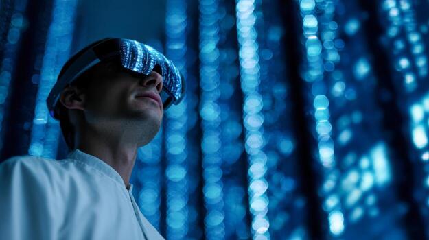 Futuristic AI data lab engineer exploring advanced technology photo
