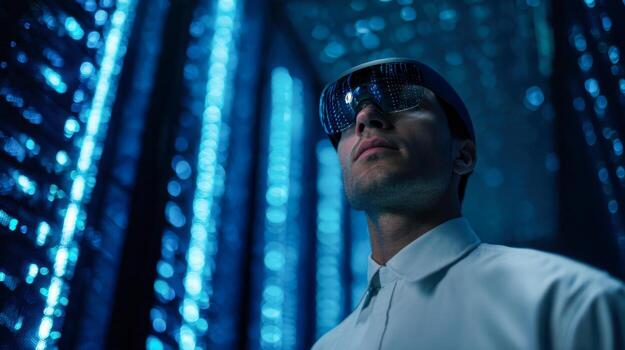 Futuristic AI engineer working in a data lab with advanced technology and soft lighting photo