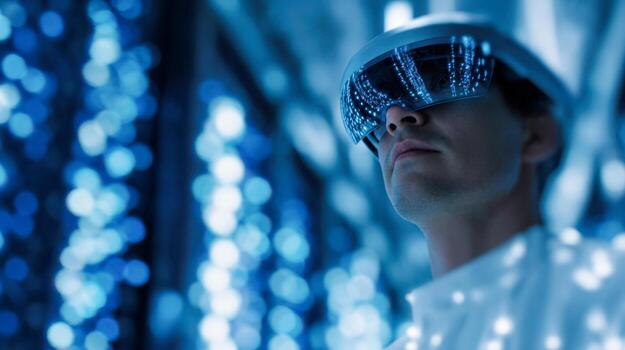 Futuristic lab engineer works on AI projects in a high-tech data environment photo