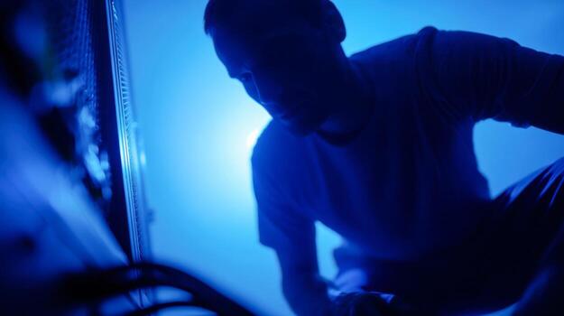 IT technician kneeling beside open computer while troubleshooting hardware issues in low light photo