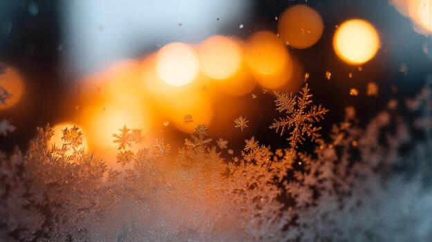 de cerca ver de intrincado escarcha patrones en un ventana con calentar bokeh antecedentes foto